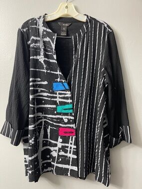Ali Miles black white patterned jacket mix of abstract and striped prints large